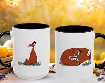 Mugg, sovande räv med kaffe, varm mysig söt, present till kaffeälskare, present till djurälskare, skogstema, unik mugg