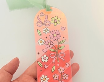 Trendy Acrylic Bookmark |Iridescent Acrylic Bookmark| Coquette Bookmark| Floral Bookmark | Bookmark with Ribbon|Pink Flower Design