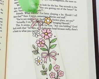 Trendy Acrylic Bookmark | Coquette Bookmark| Floral Bookmark | Bookmark with Ribbon|Pink Flower Design|Transparent Bookmark with Ribbon