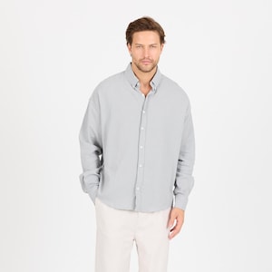 Men’s Oversized Cotton Long Sleeve Button-Up Shirt – Casual Dress Shirt for Men, Breathable Cotton Shirt, Light Grey Classic Top S–XL