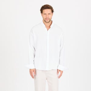 Men’s Oversized Cotton Button-Up Long Sleeve Shirt – Classic Casual Dress Shirt for Men, Breathable White Shirt Top, Sizes S–XL