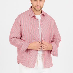 Herren Rot Weiß Gestreiftes Button Up Shirt | Langarm Shirt aus Baumwollmischung | Klassisches Casual Streifen Hemd für Männer