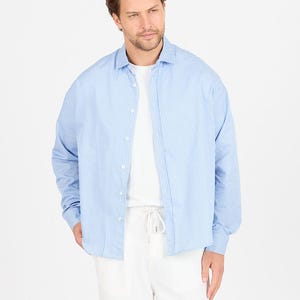 Men&#39;s Light Blue White Striped Button Up Shirt | Long Sleeve Regular Fit Cotton Blend Shirt | Classic Vertical Stripe Casual Shirt for Men