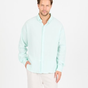 Men&#39;s Mint Green Oversized Button Up Shirt | Long Sleeve Cotton Blend Relaxed Fit Shirt for Men | Casual & Smart-Casual Button Down