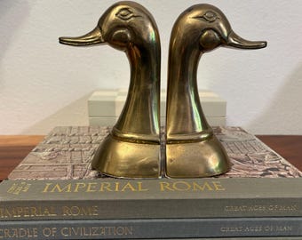 Vintage Mid Century Modern Brass Duck Mallard Head Bookends