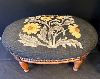 Adorable Needplepoint Stool with Ornate Wood Base and Legs