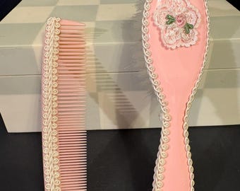 Adorable Vintage Pink Baby Brush and Comb Set with a Little Floral Embrodiery