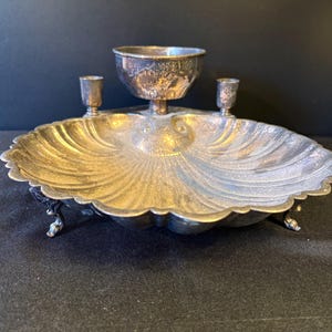Vintage Sheffield Silver Co Large Clam Shell Shrimp, Caviar Serving Dish with Dip Bowl & Toothpick or Candleholder