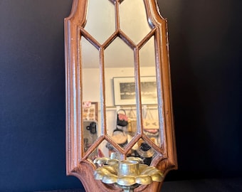 Vintage Wall Mirror & Candle Sconce Faux Wood Decor