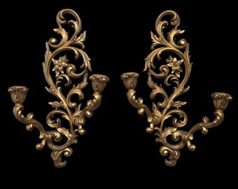 Vintage Gold finish Double Arm Wall Sconce - Set of TWO Hollywood Regency Style - Ornate Floral Wall Sconces