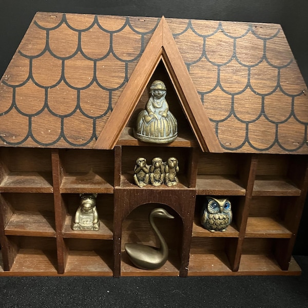 Vintage House Shaped Wooden Wall Shelf, Figural House Shaped Trinket Shelf/ Small Curio Shelf Wooden Cottage Shelf