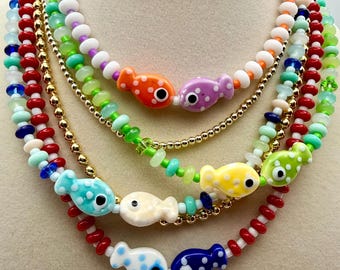 Ceramic Fish Necklace, Porcelain Fish Pendant, Coastal Beach Jewelry, Ocean Inspired Beaded Necklace