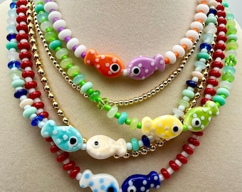 Porcelain Kissing Fish Necklace, Colorful Seed Bead Beach Jewelry, Summer Coastal Style