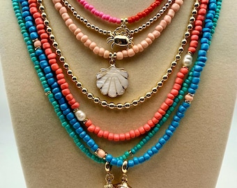 Colorful Seed Bead Necklace, Coastal Charm Layering Jewelry, Gold Filled Summer Beach Jewelry