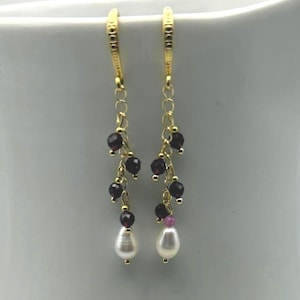 AAA Garnet & Ruby Pearl Dangle Earrings | 18k Gold-Filled French Hooks | 2.25" | January/July Birthstone