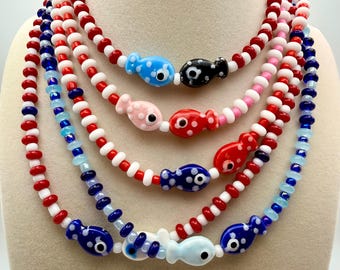 Ceramic Kissing Fish Necklace, Colorful Seed Bead Beach Necklace, Gold Filled Summer Coastal Jewelry