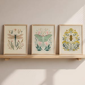 Folk Art Insects Set of 3, Vintage Cottagecore Prints, Whimsical Gallery Wall, Digital Download