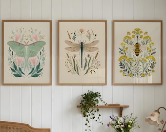 Folk Art Insects Set of 3, Vintage Cottagecore Prints, Whimsical Gallery Wall, Poster Set