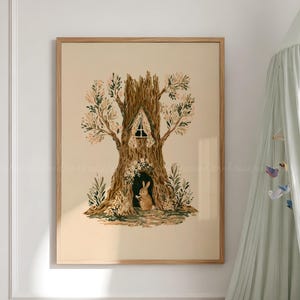 Bunny Nursery Print, Woodland Treehouse Art, Rabbit Wall Art, Cottagecore Kids Room, Forest Animal Printable, Storybook Decor