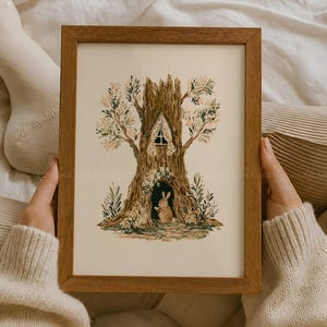 Bunny Nursery Print, Woodland Treehouse Art, Rabbit Wall Art, Cottagecore Kids Room, Forest Animal Printable, Storybook Decor