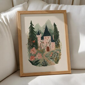 Pink Castle Wall Art Printable, Fairytale Castle Print, Cottagecore Decor, Storybook Castle Art, Fantasy Wall Decor, Whimsical Girl Bedroom