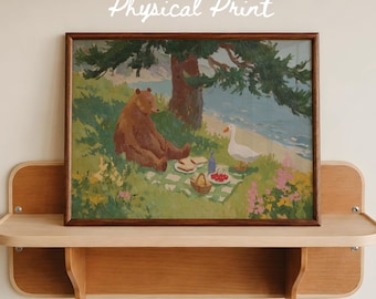 Bear and Goose Picnic Print, Woodland Animal Wall Art, Nature Nursery Decor, Vintage Storybook Painting, Cottagecore Printed Poster