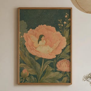 Wandbild mit Blumenfee, Pfingstrosenfee-Druck, Vintage-Botanik-Cottagecore-Dekor, verspielte Märchenkunst, druckbare Wandkunst