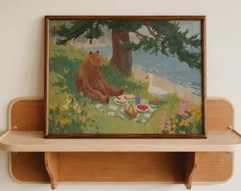 Bear and Goose Picnic Print, Woodland Animal Wall Art, Nature Nursery Decor, Vintage Storybook Painting, Cottagecore Digital Download