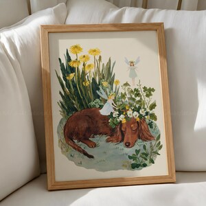 Dachshund Wall Art, Dog Nursery Print, Fairy Garden Poster, Dandelion Flower Art, Whimsical Kids Room Decor Download