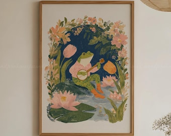 Cottagecore Frog Wall Art Printable, Whimsical Banjo Frog Print for Nursery or Kids Room Decor