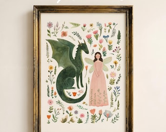 Fairy and Dragon Garden Poster, Whimsical Dragon Wall Art, Fairytale Nursery Decor, Cottagecore Floral Painting, Fantasy Poster