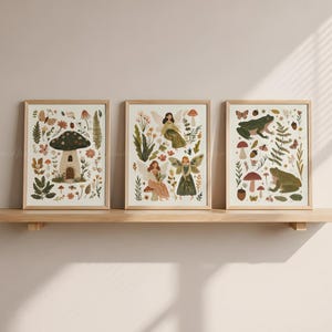 3-teiliges Wandbild-Set fürs Kinderzimmer mit Feenmotiven, Waldfeen-Prints, Pilzhaus-Deko, Bilderbuch-Kinderzimmer (digitaler Download)