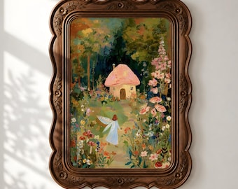 Mushroom Cottage and Fairy Art Print, Woodland Fairy Wall Art, Vintage Nursery Decor, Enchanted Forest Painting, Kid's Room Digital Download