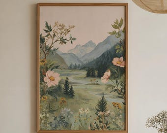 Cuadros de paisajes de montaña, pintura de montañas con flores silvestres, paisaje alpino vintage, arte mural de naturaleza estilo cottagecore, láminas florales de montaña para imprimir