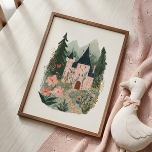 Pink Castle Wall Art Printable, Fairytale Castle Print, Cottagecore Decor, Storybook Castle Art, Fantasy Wall Decor, Whimsical Girl Bedroom