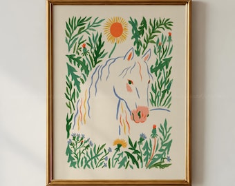 Wildflower White Horse Print, Scandinavian Folk Art, Whimsical Horse Wall Art, Botanical Cottagecore Decor, Vintage Style Digital Download