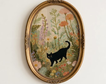Black Cat Wildflower Wall Art, Vintage Floral Instant Download, Whimsical Black Cat Print, Cottagecore Botanical Cat Poster