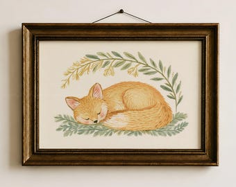 Cuadro infantil de un zorrito durmiendo, arte mural de animales del bosque, decoración infantil de bosque neutro, lámina para habitación infantil de estilo cottagecore, descarga digital.