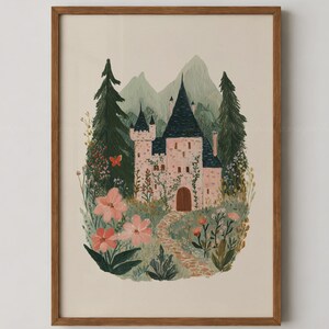 Pink Castle Wall Art Printable, Fairytale Castle Print, Cottagecore Decor, Storybook Castle Art, Fantasy Wall Decor, Whimsical Girl Bedroom