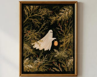 Estampado de fantasma caprichoso, decoración de Halloween estilo cottagecore, lindo arte de pared de fantasma, imprimible de otoño vintage, Halloween del bosque