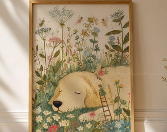 Golden Retriever and Fairies Art Print, Whimsical Dog Decor, Cottagecore Nursery Artwork, Dog Lover Gift (Printed Poster)
