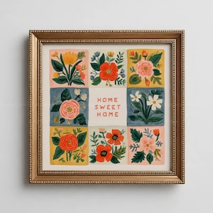 Stampa artistica da parete con motivo floreale trapuntato, stampa patchwork, arte popolare scandinava, arredamento cottagecore, stampa botanica vintage, download digitale