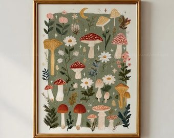 Mushroom Collection Poster, Botanical Wall Art, Woodland Fungi, Wildflower Vintage Cottagecore Print, Fairy Forest Decor Gallery Wall