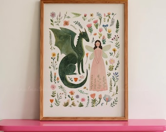 Fairy and Dragon Garden Print, Whimsical Dragon Wall Art, Fairytale Nursery Decor, Cottagecore Floral Painting, Fantasy Digital Download