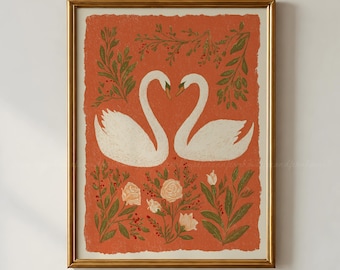 Scandinavian Folk Art Swan Print, Romantic Swan Couple Wall Art, Vintage Botanical Bird Decor, Cottagecore Digital Download