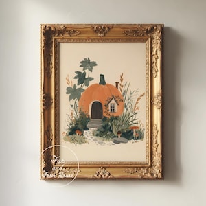 Décoration murale « Chalet citrouille », art mural automnal fantaisiste, décoration intérieure d'automne, peinture d'art populaire, téléchargement numérique d'automne primitif