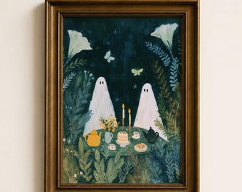 Lámina de fiesta de té con fantasmas caprichosos, arte mural de Halloween de arte popular, pintura botánica de fantasmas con un toque melancólico, decoración otoñal de estilo cottagecore, póster impreso