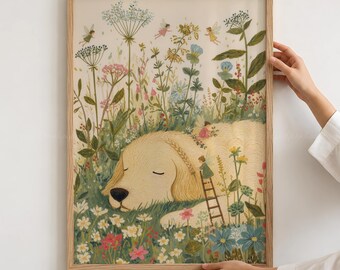 Golden Retriever and Fairies Wall Art, Golden Retriever Print, Vintage Nursery Poster, Enchanted Forest Painting, Storybook Printable