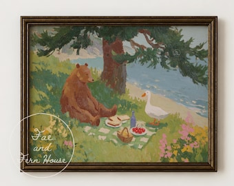 Bear and Goose Picnic Print, Woodland Animal Wall Art, Nature Nursery Decor, Vintage Storybook Painting, Cottagecore Digital Download