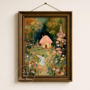 Mushroom Cottage and Fairy Art Print, Woodland Fairy Wall Art, Vintage Nursery Decor, Enchanted Forest Painting, Kid's Room Digital Download